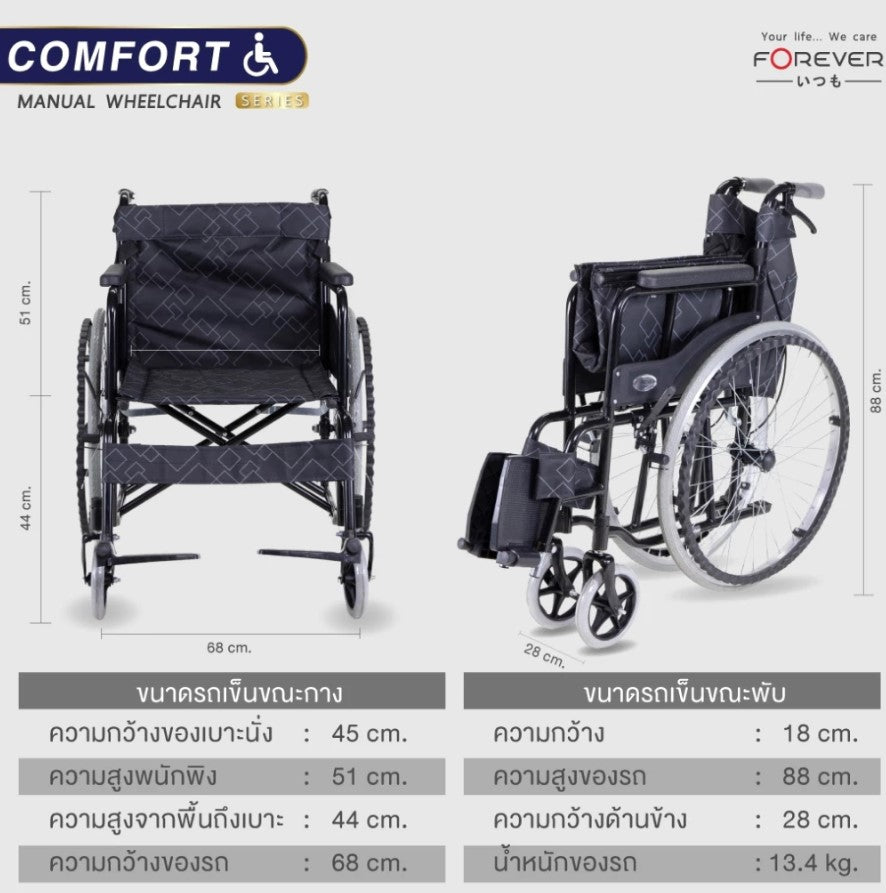 FOREVER Wheelchair Model Comfort (Foldable, 24-inch Large Wheels)
